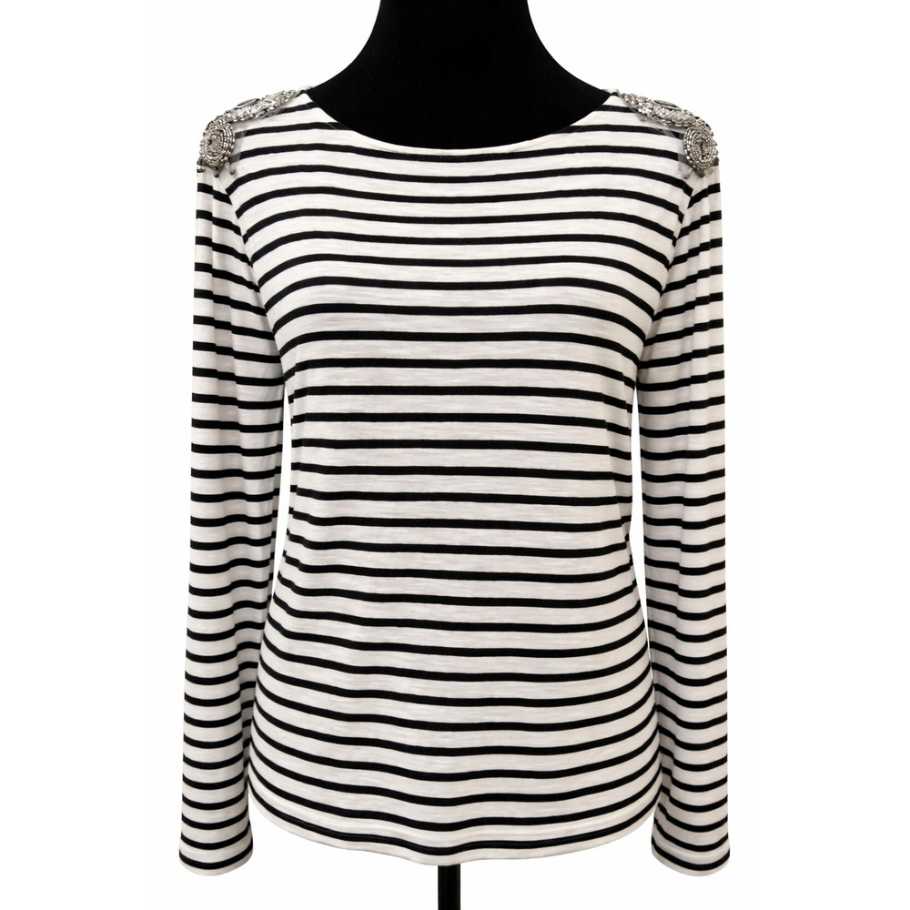 Chico's Womens Pullover T-Shirt Size 3 White Black Stripe Embellished Cotton